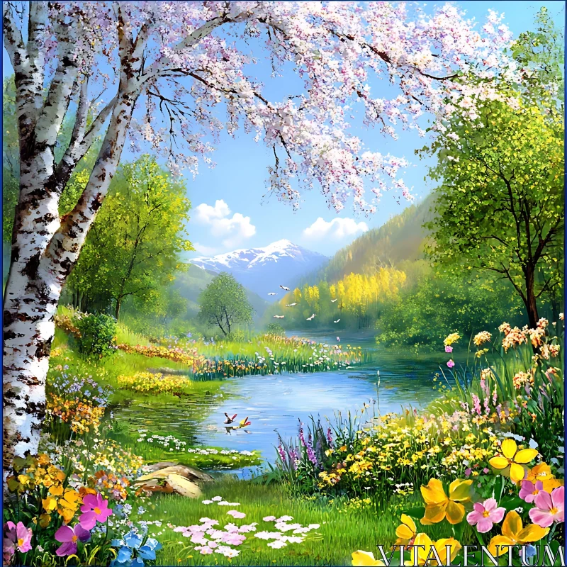 Tranquil Spring Scene with Blossoming Trees and Clear River AI Image