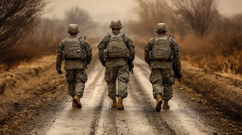 Camouflaged Soldiers on a Muddy Road