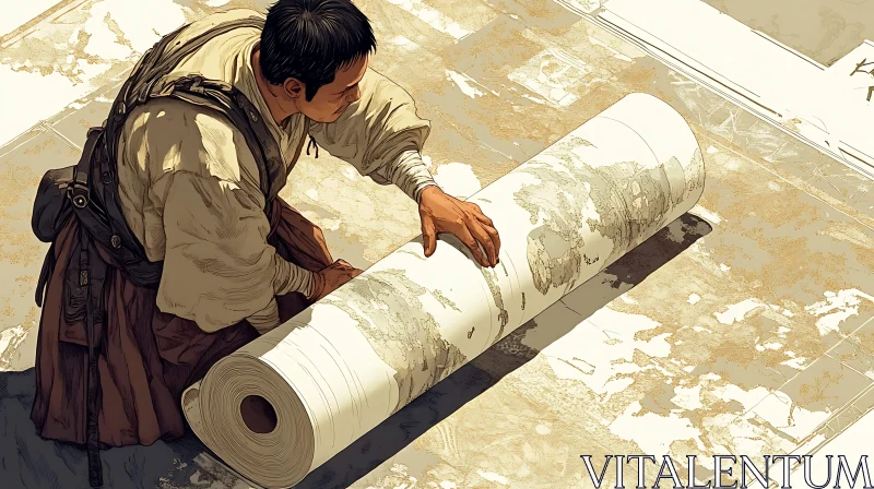 Man Unrolling Ancient Map Scroll AI Image