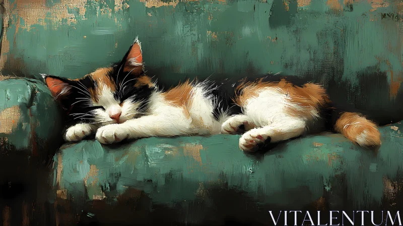 Artistic Calico Cat on Green Armchair AI Image