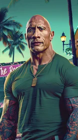 Portrait of Dwayne Johnson with Tattoos in a Neon-lit Urban Setting