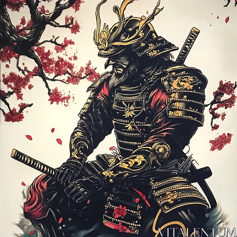 AI ART Armored Samurai with Sword and Cherry Tree