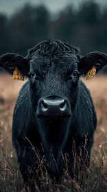 Black Cow in Field Close-Up