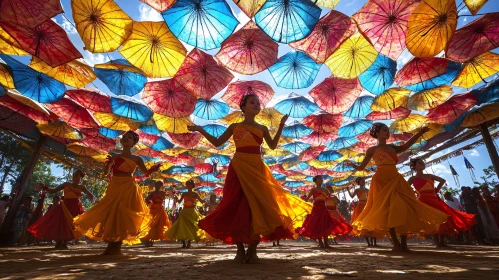 Colorful Umbrellas and Dancing Women