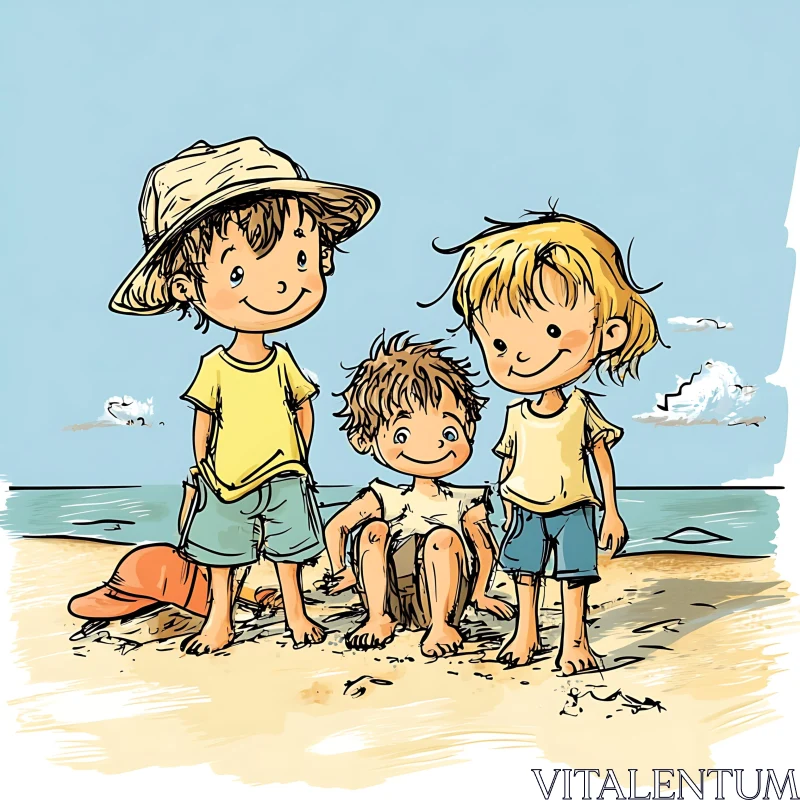 AI ART Kids on the Beach Illustration