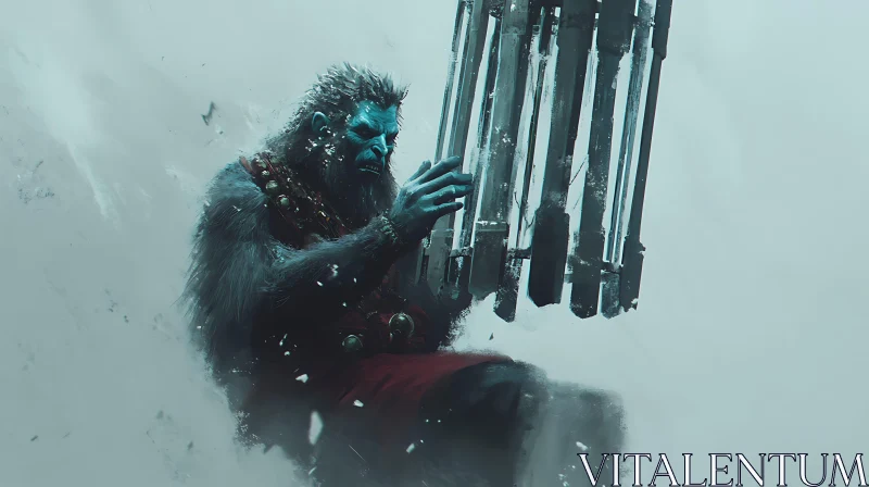 Blue-Skinned Yeti with Metal Bars AI Image