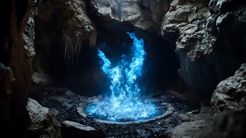 Mystical Cave with Glowing Blue Fire