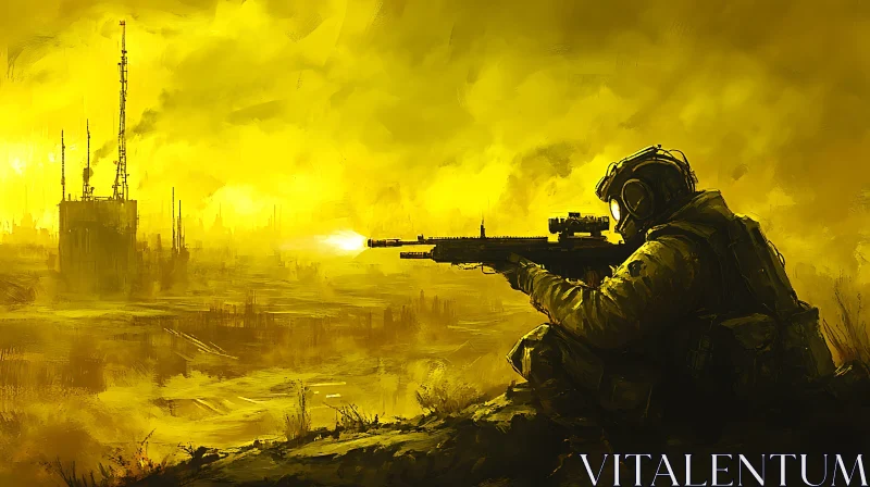 AI ART Gas Masked Soldier in Desolate Landscape