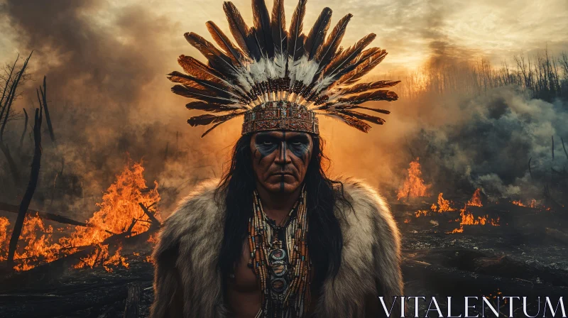 Indigenous Man in Burning Landscape AI Image