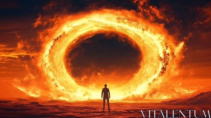 Person Standing Before A Fiery Ring At Night AI Image