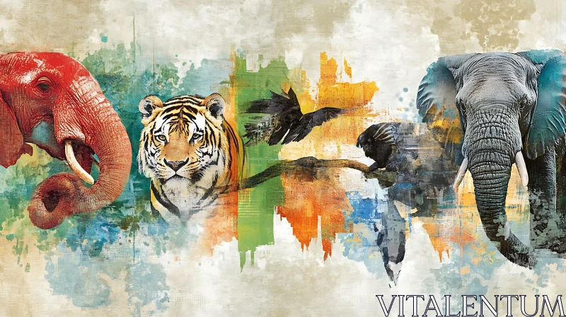 AI ART Elephant, Tiger, and Birds Digital Art