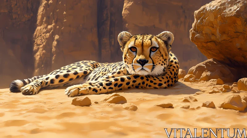 Cheetah Lying on Sandy Ground AI Image