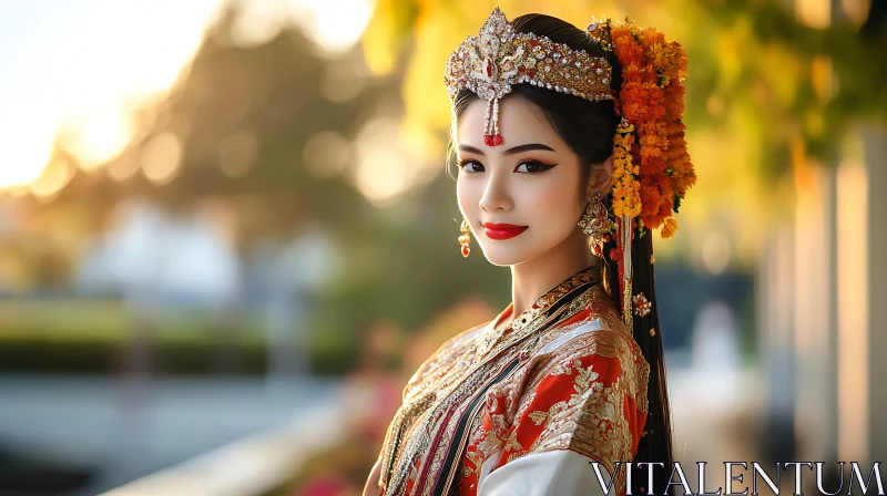 Woman with Headdress and Flowers AI Image