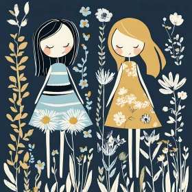 Two Girls in a Garden Illustration