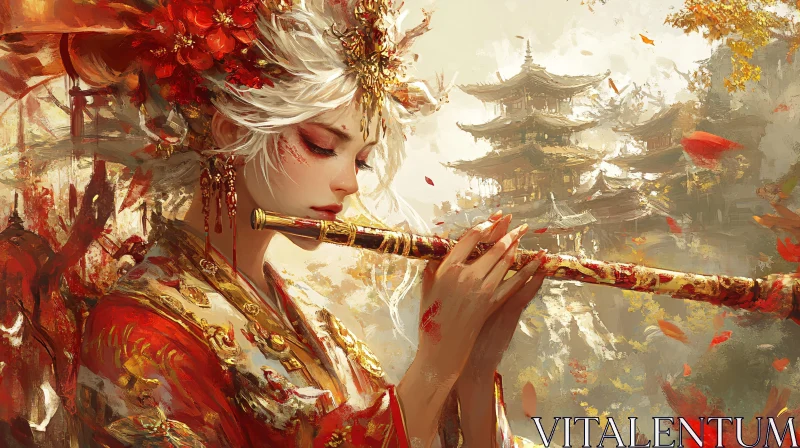 Woman with Flute and Red Flowers AI Image