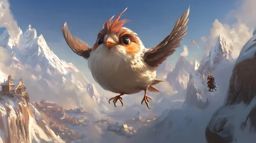 Whimsical Bird Over Snowy Peaks