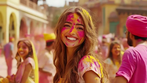 Colorful Holi Celebration: Woman's Joyful Smile