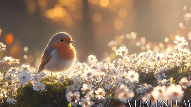 Serene Sunset with Bird and Flowers AI Image