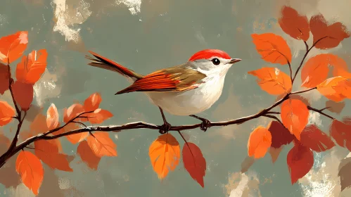 Autumn Perch with Red-capped Bird