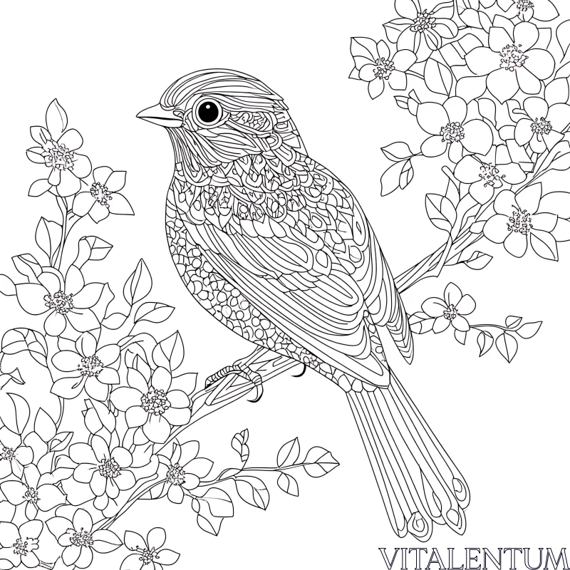 Monochrome Bird with Floral Branch AI Image