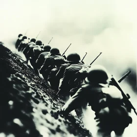 Monochrome Image of Soldiers Climbing