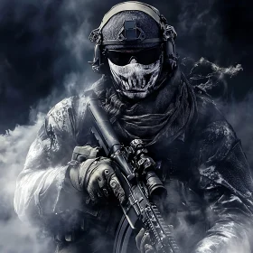 Tactical Soldier in Smoke with Rifle