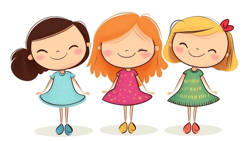 Three Cheerful Cartoon Girls Artwork