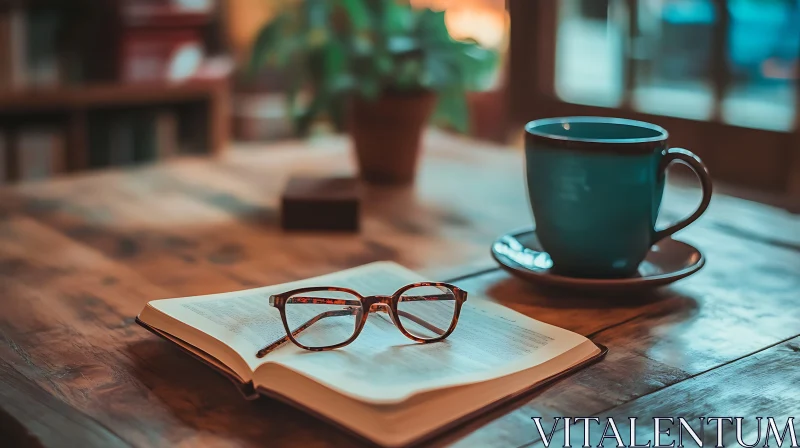 AI ART Still Life with Book, Glasses, and Coffee