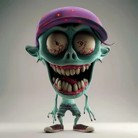 3D Cartoon Zombie in Purple Hat and Red Sneakers