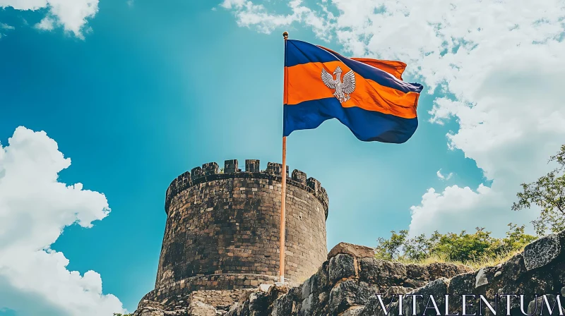 Historic Tower and Flag Under Azure Sky AI Image