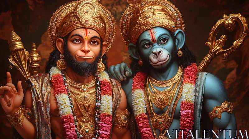 Golden Gods: A Portrait of Hanuman and Friend AI Image