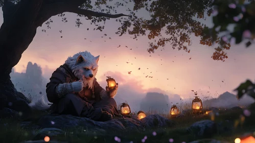 Wolf Character at Sunset with Lanterns