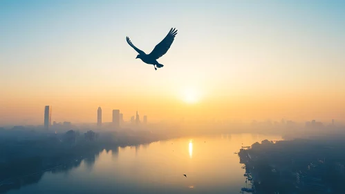 Bird Flying Above Cityscape