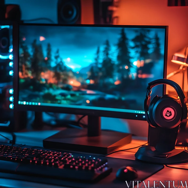 Modern Gaming Desk with Forest Wallpaper AI Image