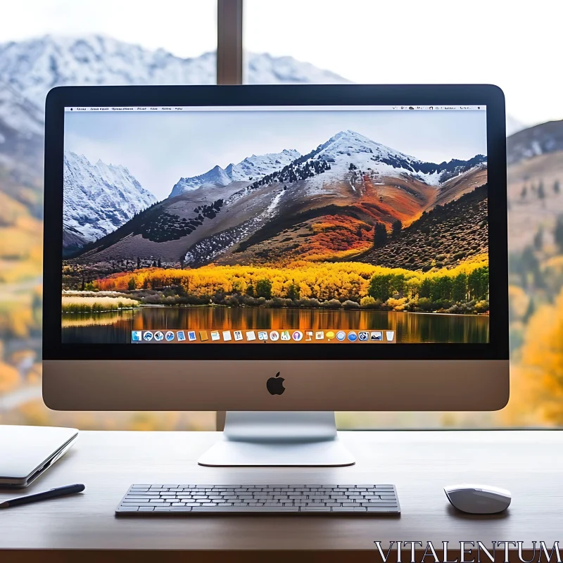 iMac in Cozy Workspace with Autumn Mountains Display AI Image