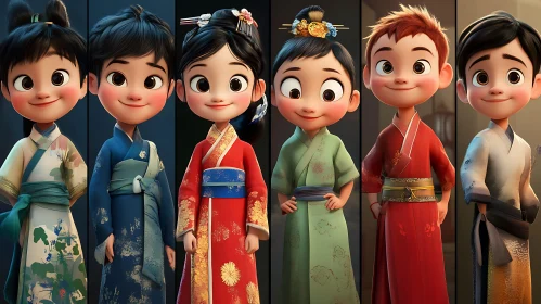 Cartoon Kids in Kimonos