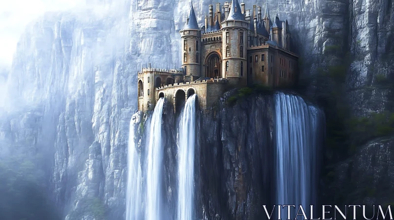 AI ART Cliffside Castle with Waterfalls