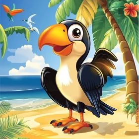 Cheerful Toucan Cartoon Beach Scene