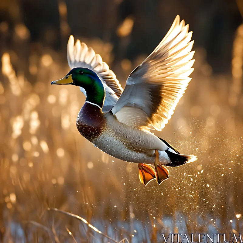 Mallard Duck Taking Flight at Sunset AI Image