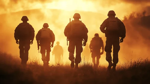 Army Troops Walking towards the Sunset