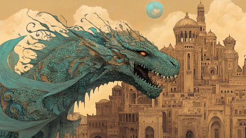 Turquoise Dragon and City Illustration