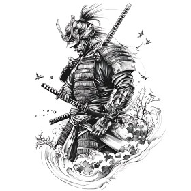 Monochrome Samurai Illustration with Katana and Birds