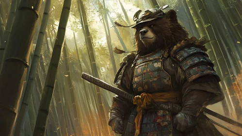 Samurai Bear Amidst Bamboo Grove