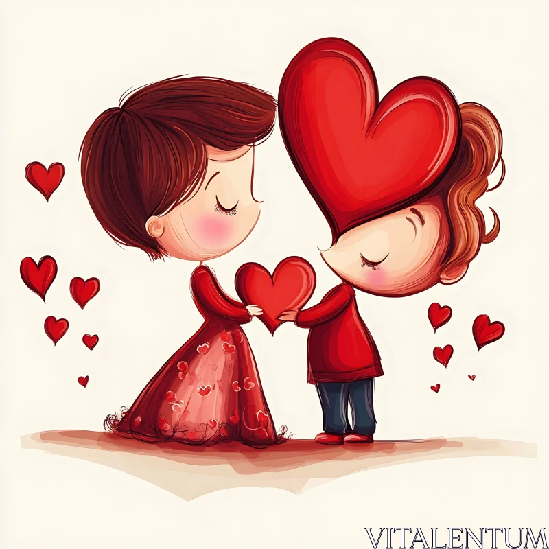 Cartoon Couple Sharing Love with Hearts AI Image