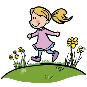 Illustration of Girl Playing in Meadow