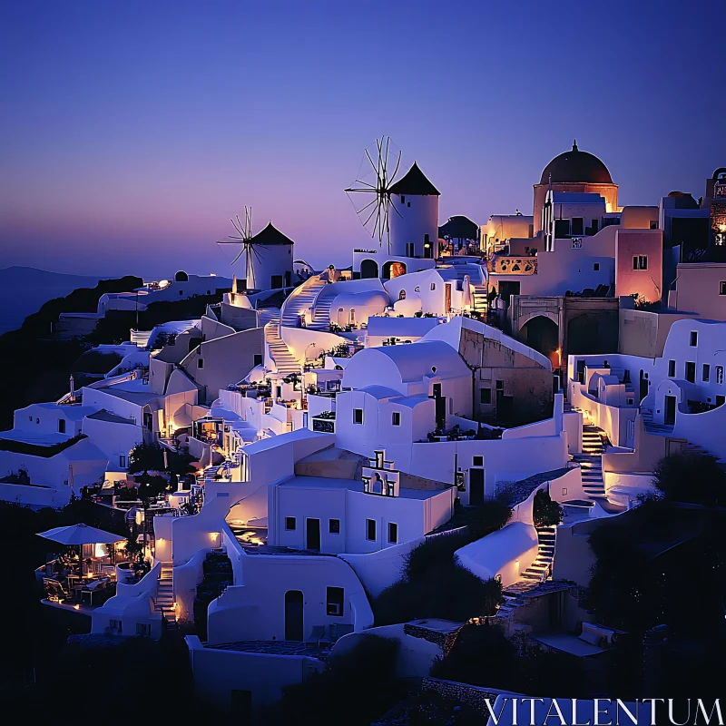 AI ART Santorini at Dusk: White Buildings and Windmills