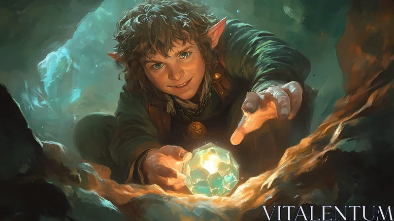 AI ART Hobbit with Crystal in Cave