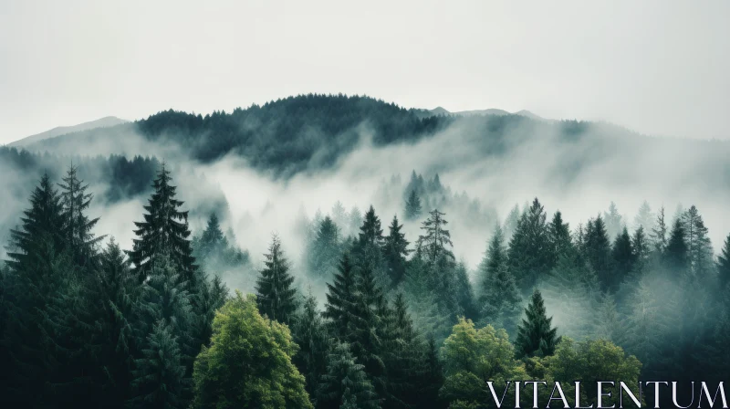 Atmospheric Forest Landscape with Fog and Mountain AI Image