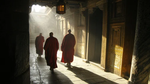 Red Robed Monks in Temple Passage