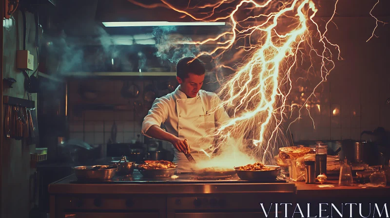 AI ART Culinary Lightning: Chef in Kitchen Blaze